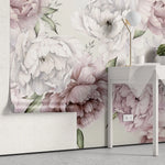 Tapet personalizat floral cu bujori in nuante de roz pe fundal alb light pink peonies