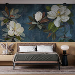 Tapet personalizat floral cu flori de magnolie alba pe fundal albastru inchis vintage magnolia