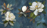 Tapet personalizat floral cu flori de magnolie alba pe fundal albastru inchis vintage magnolia