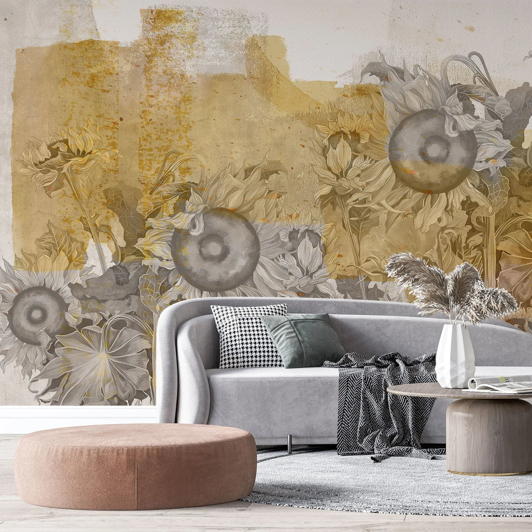 Tapet personalizat floral vintage cu flori de floarea soarelui vintage sunflowers