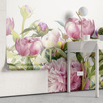 Tapet personalizat floral cu lalele roz inflorite pe fundal alb pink tulips