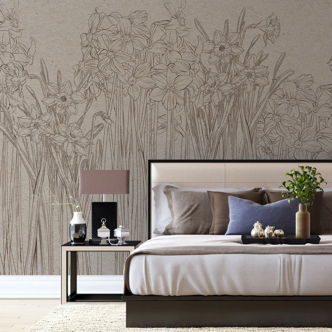Tapet personalizat floral cu narcise desenate in creion daffodil sketch
