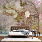 Tapet personalizat floral vintage cu flori de magnolie si iasomie vintage damask wall