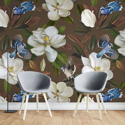 Tapet personalizat floral cu flori de stewartia pe un fundal maro blue bird stewartia i