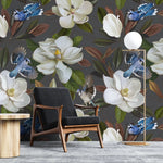 Tapet personalizat floral cu flori de stewartia pe un fundal gri inchis blue bird stewartia ii