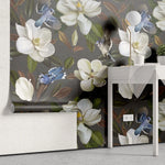 Tapet personalizat floral cu flori de stewartia pe un fundal gri inchis blue bird stewartia ii