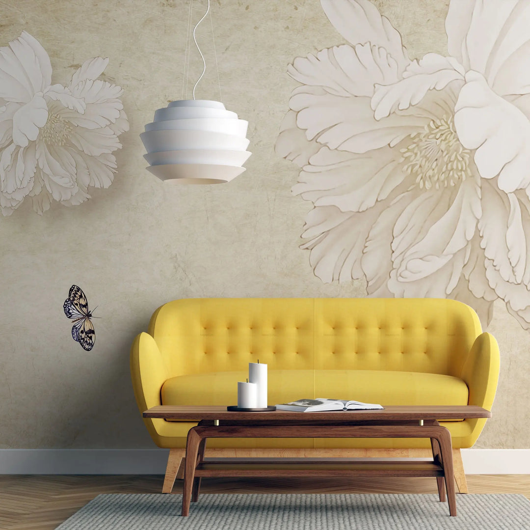 Tapet personalizat floral cu flori albe si fluturi colorati vanilla butterfly