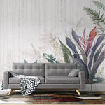Tapet personalizat floral cu flori tropicale pe un fundal de lemn alb woody tropical