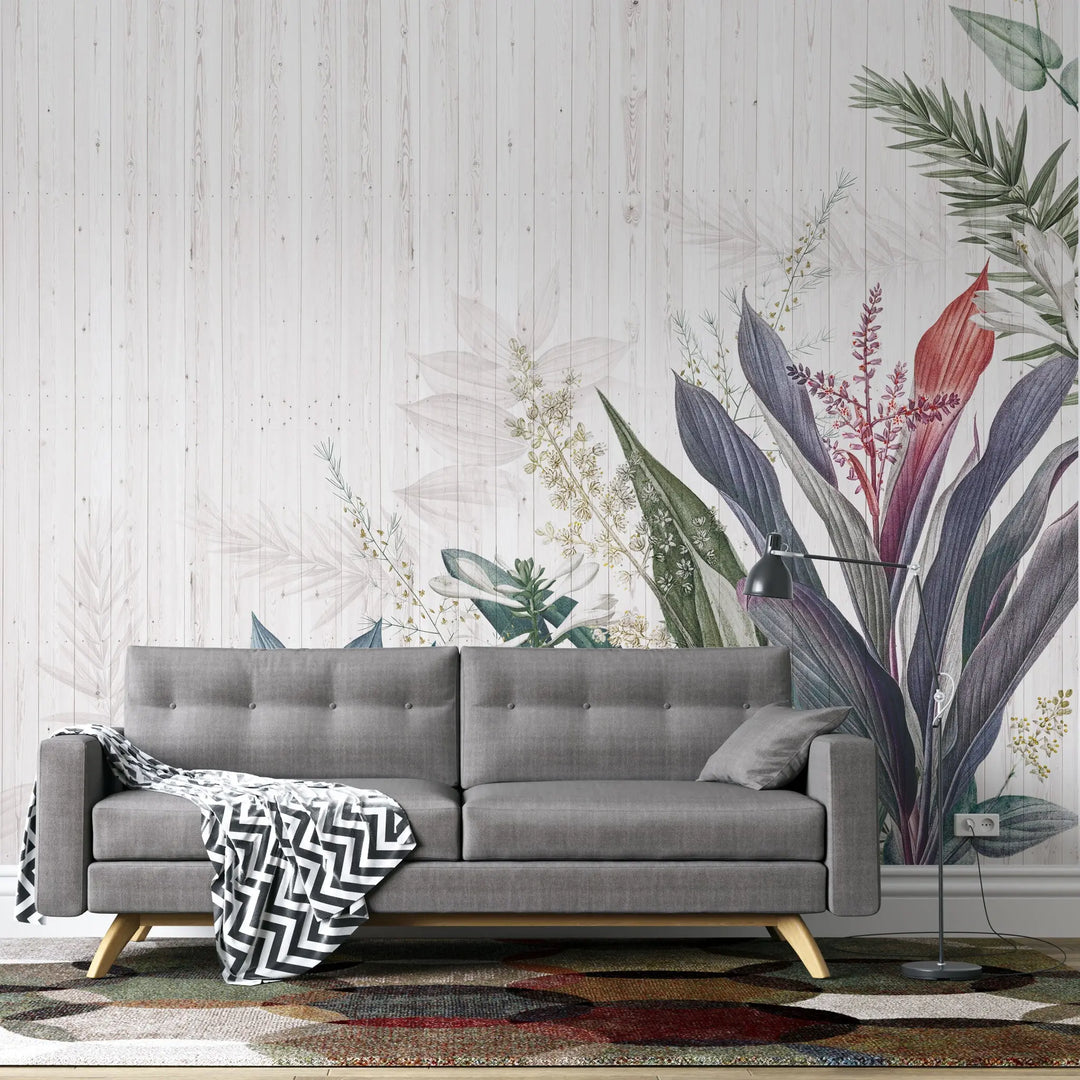 Tapet personalizat floral cu flori tropicale pe un fundal de lemn alb woody tropical