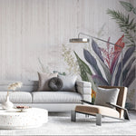 Tapet personalizat floral cu flori tropicale pe un fundal de lemn alb woody tropical