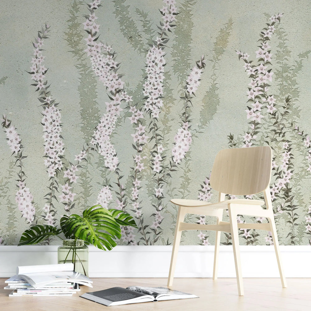 Tapet personalizat floral cu flori de iasomie stelata pe fundal verde menta minty star jasmine