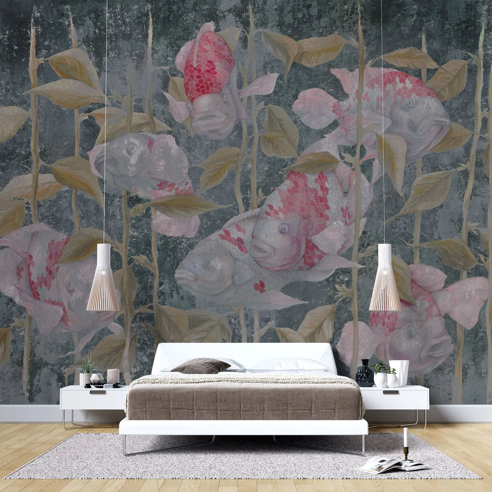 Tapet personalizat floral cu pesti rozalii si plante uscate rose pisces