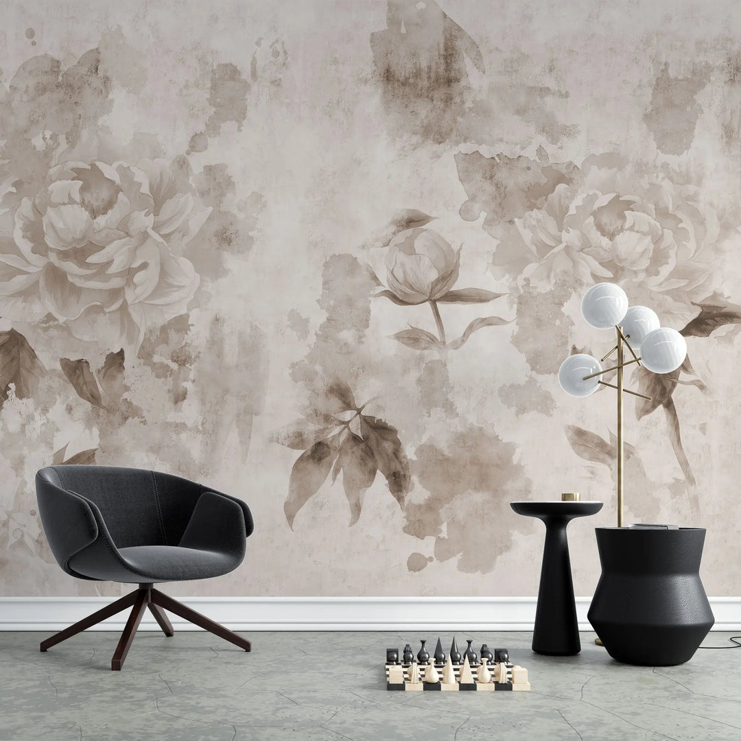 Tapet personalizat floral in stil fresca cu trandafiri albi roses fresque