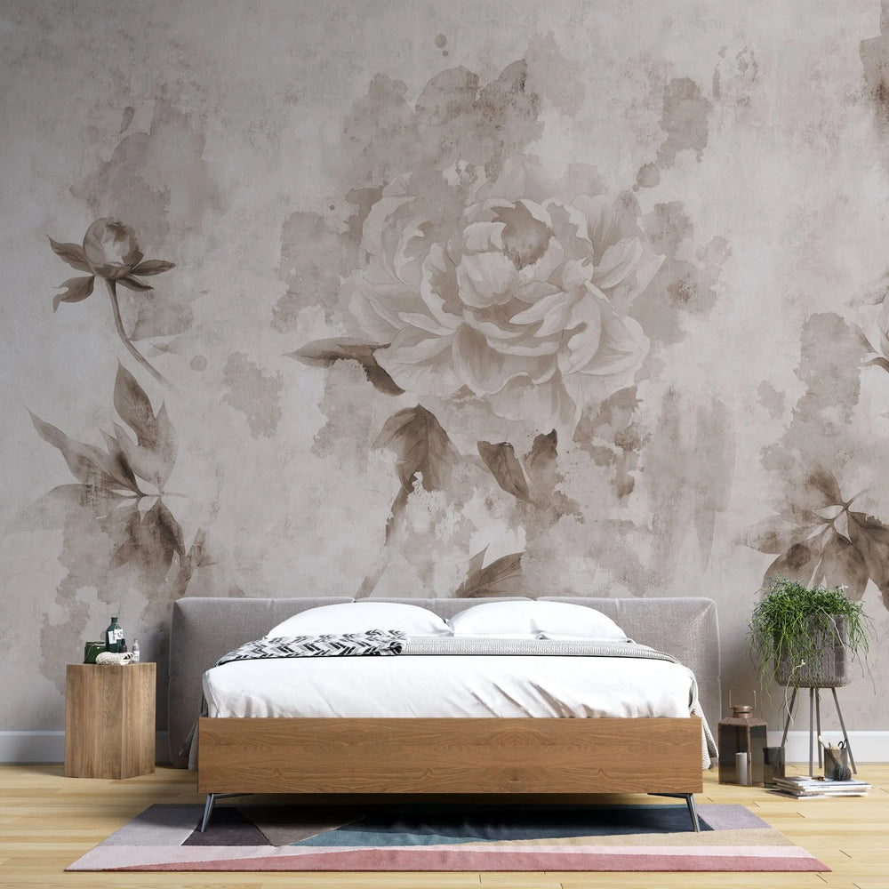 Tapet personalizat floral in stil fresca cu trandafiri albi roses fresque