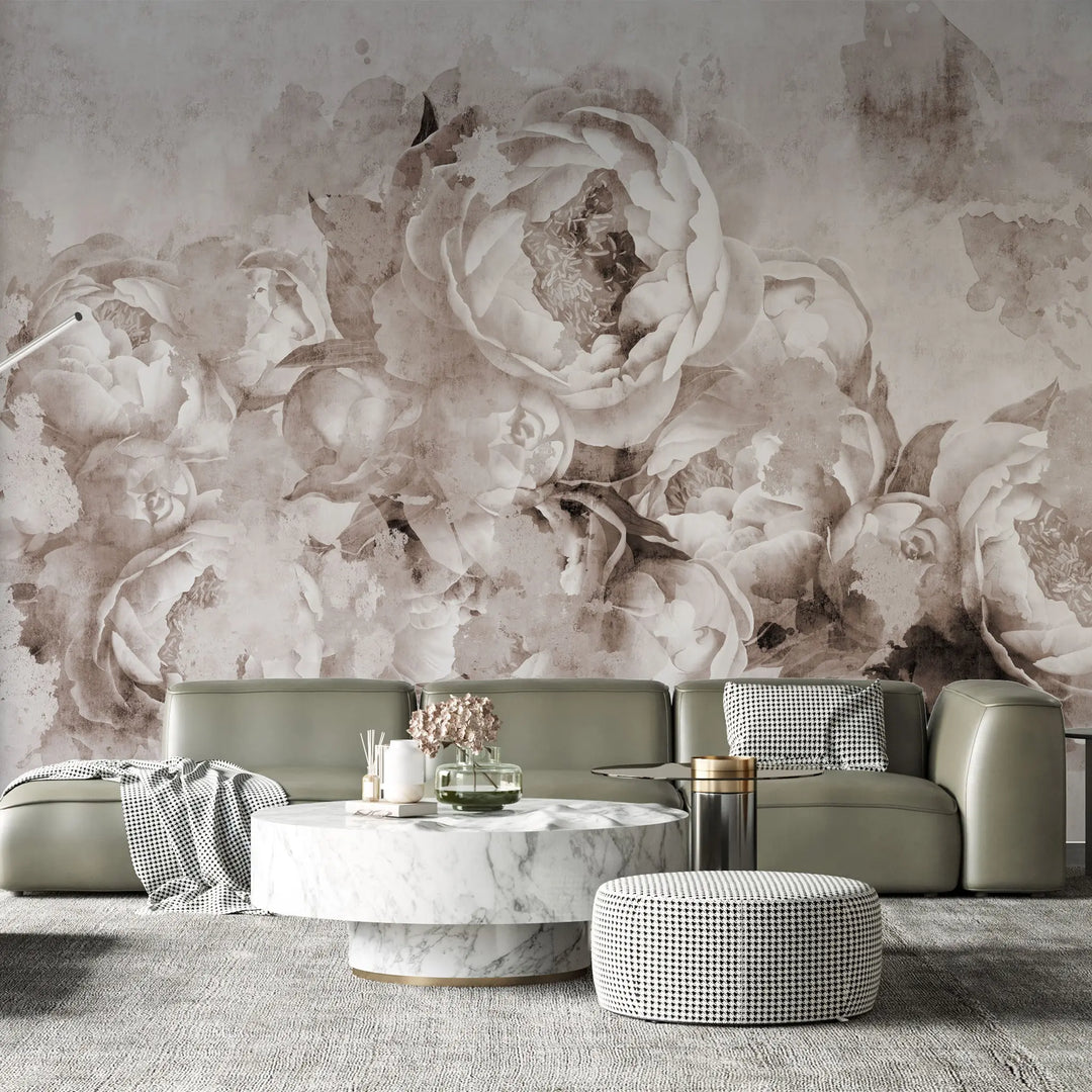 Tapet personalizat floral in stil fresca cu bujori albi peony fresque