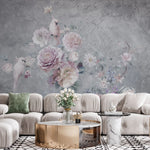 Tapet personalizat floral cu papagali albi si trandafiri roz white parrots