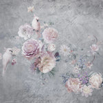Tapet personalizat floral cu papagali albi si trandafiri roz white parrots