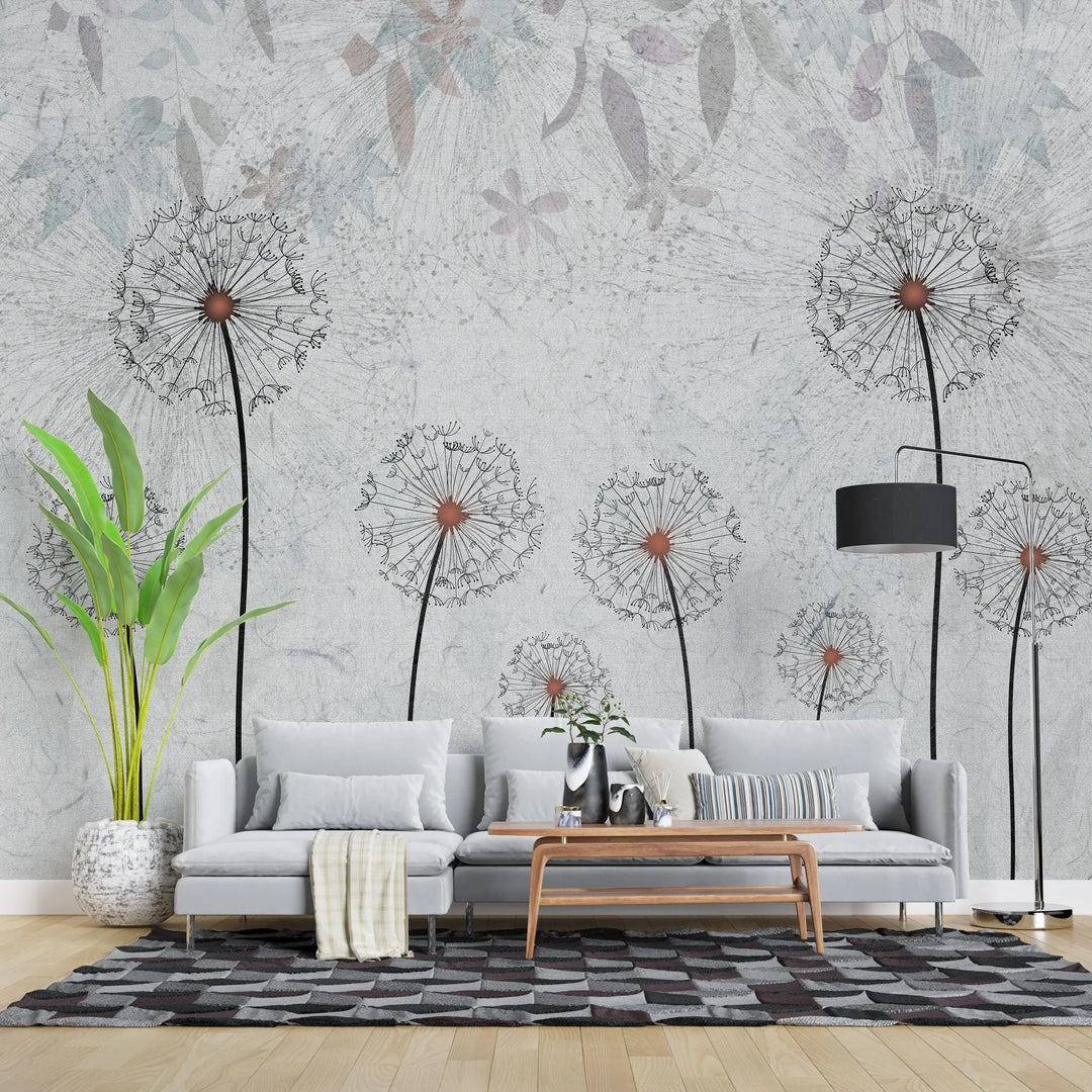 Tapet personalizat floral cu papadii pe un fundal albastru deschis light blue dandelions