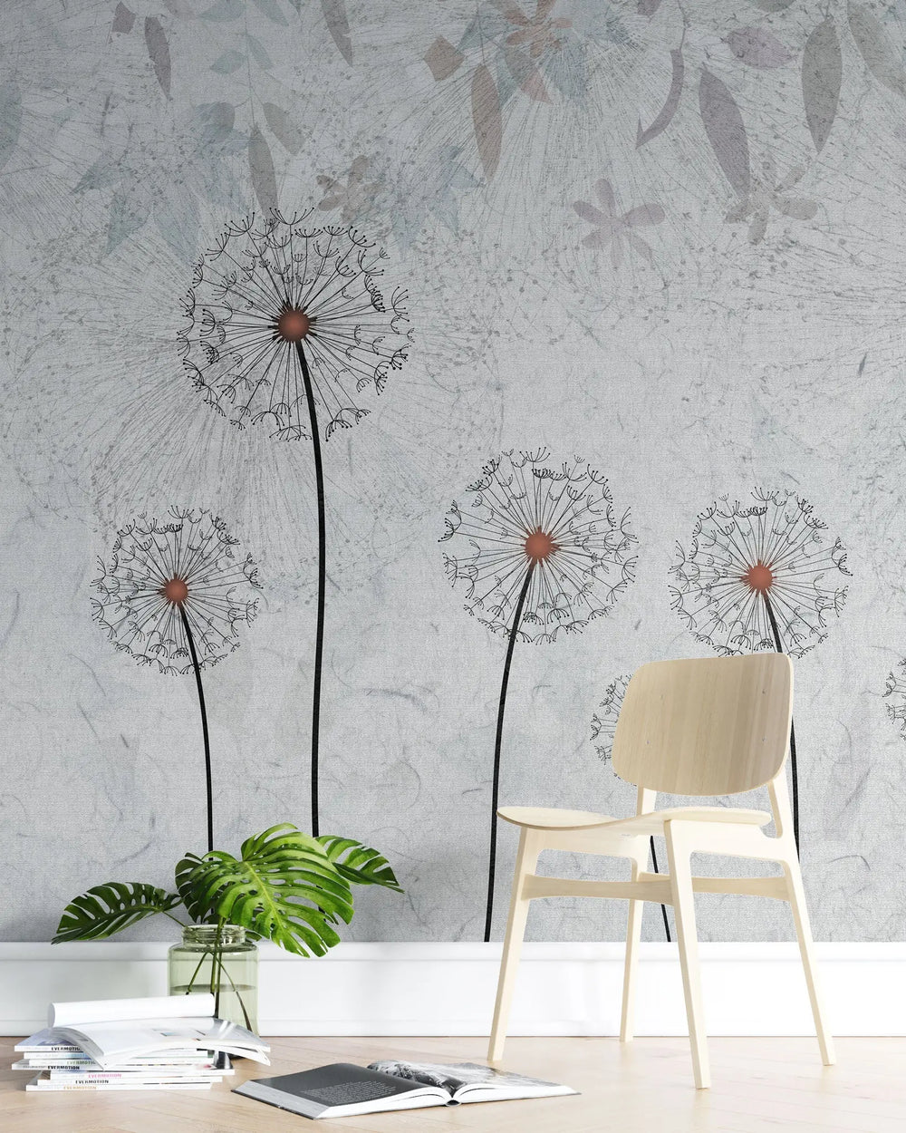 Tapet personalizat floral cu papadii pe un fundal albastru deschis light blue dandelions