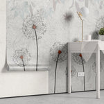 Tapet personalizat floral cu papadii pe un fundal albastru deschis light blue dandelions