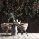 Tapet personalizat cu frunze de bananier si palmier in nuante inchise dark banana leaves