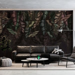 Tapet personalizat cu frunze de bananier si palmier in nuante inchise dark banana leaves