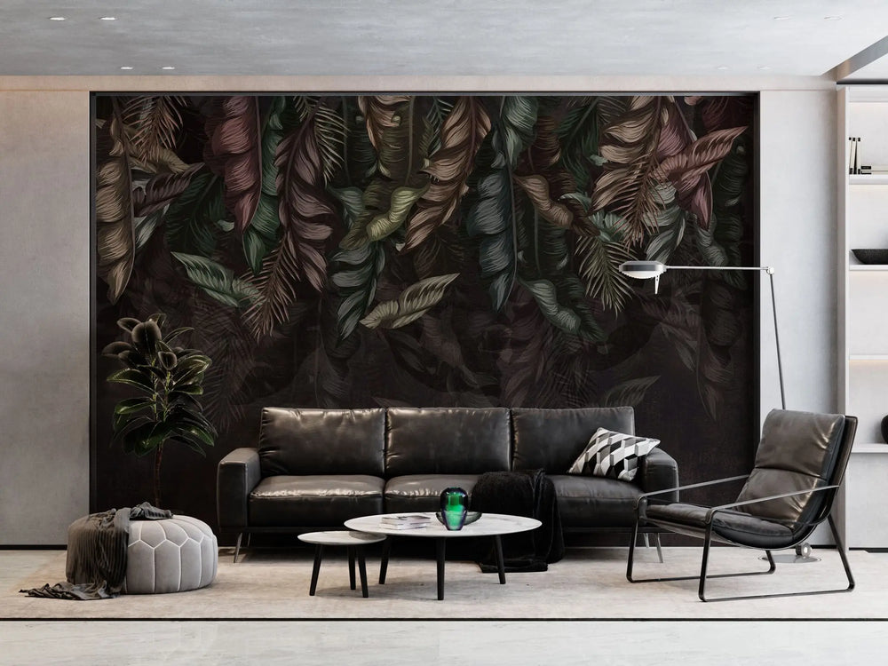Tapet personalizat cu frunze de bananier si palmier in nuante inchise dark banana leaves
