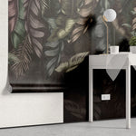 Tapet personalizat cu frunze de bananier si palmier in nuante inchise dark banana leaves