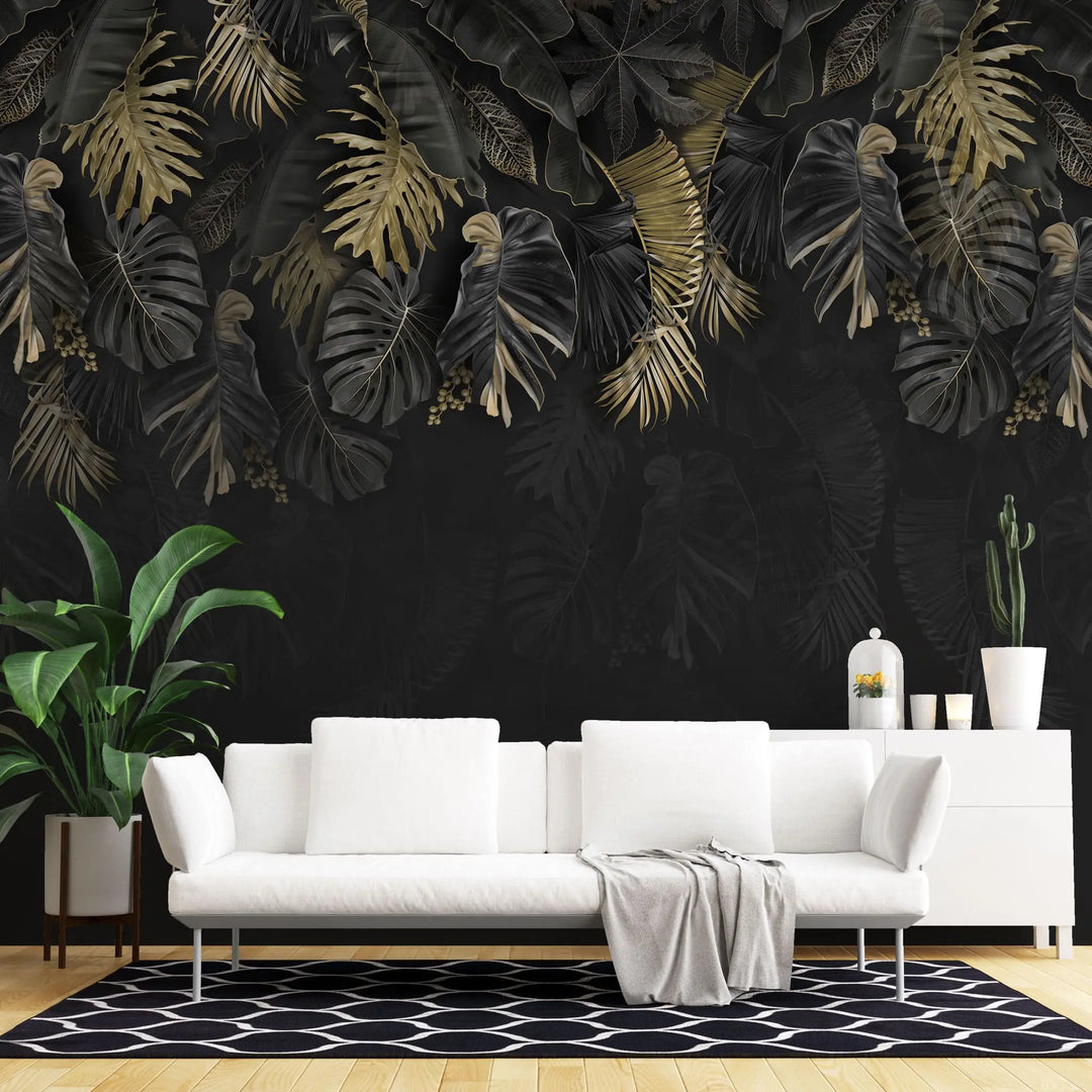 Tapet personalizat cu frunze de palmier si monstera in nuante de negru si auriu dark gold monstera