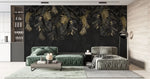 Tapet personalizat cu frunze de palmier si monstera in nuante de negru si auriu dark gold monstera