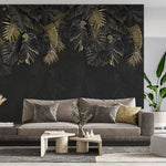 Tapet personalizat cu frunze de palmier si monstera in nuante de negru si auriu dark gold monstera