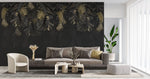 Tapet personalizat cu frunze de palmier si monstera in nuante de negru si auriu dark gold monstera