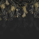 Tapet personalizat cu frunze de palmier si monstera in nuante de negru si auriu dark gold monstera