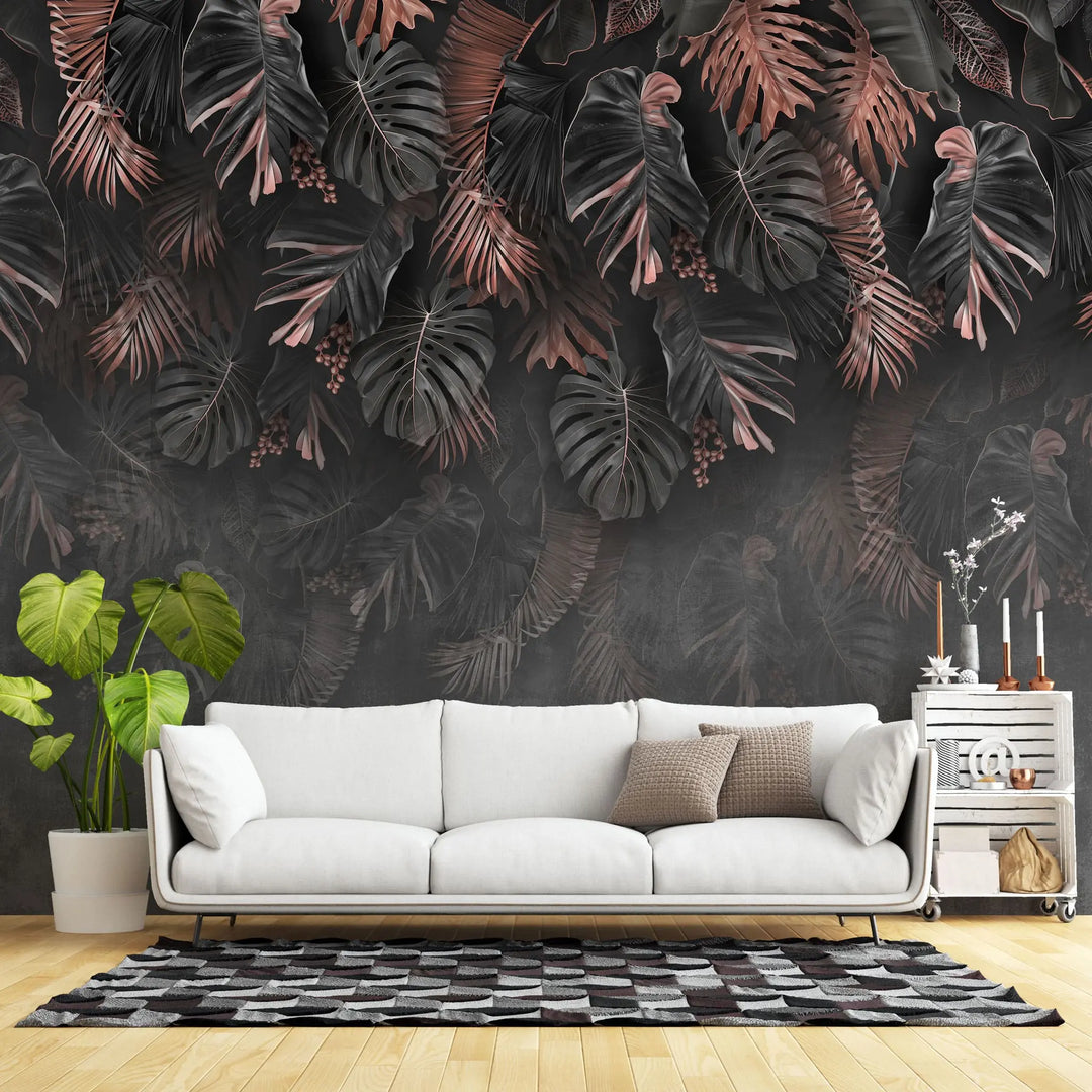 Tapet personalizat cu frunze de palmier si monstera in nuante de negru si rose dark rose monstera
