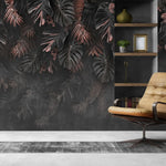 Tapet personalizat cu frunze de palmier si monstera in nuante de negru si rose dark rose monstera