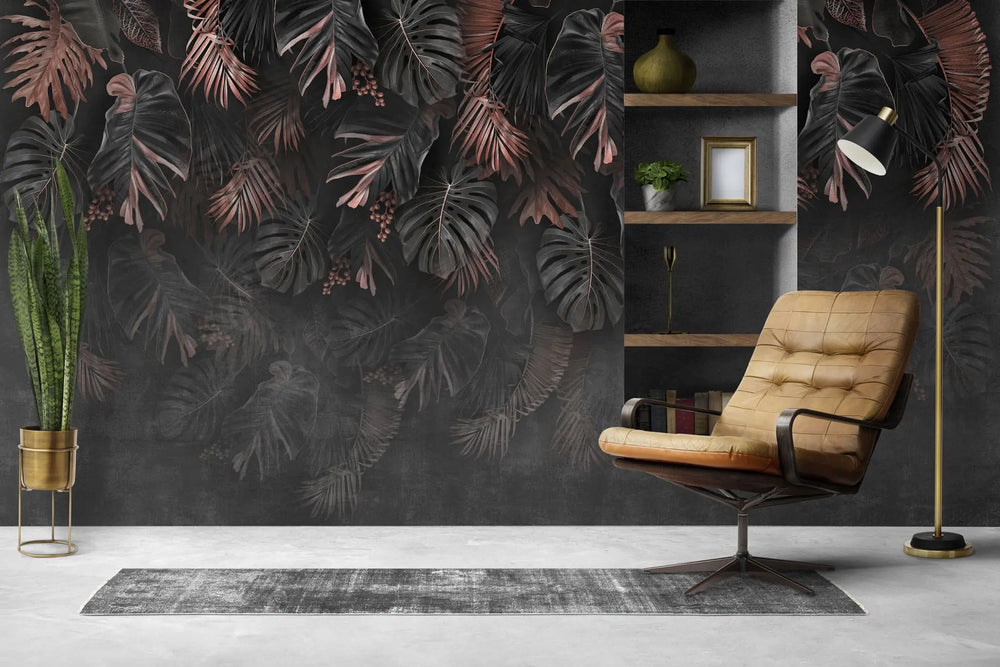 Tapet personalizat cu frunze de palmier si monstera in nuante de negru si rose dark rose monstera