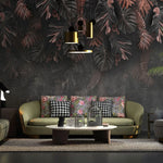 Tapet personalizat cu frunze de palmier si monstera in nuante de negru si rose dark rose monstera
