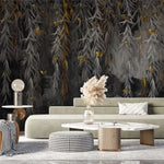 Tapet personalizat cu frunze monocrome si aurii de salcie cu fluturi galbeni dark weeping willow