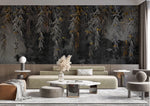 Tapet personalizat cu frunze monocrome si aurii de salcie cu fluturi galbeni dark weeping willow