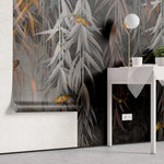Tapet personalizat cu frunze monocrome si aurii de salcie cu fluturi galbeni dark weeping willow