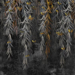 Tapet personalizat cu frunze monocrome si aurii de salcie cu fluturi galbeni dark weeping willow