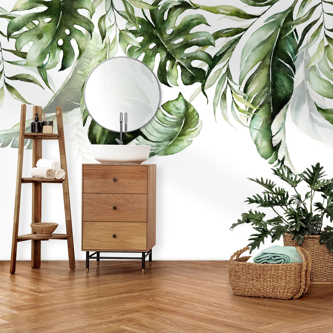 Tapet personalizat cu frunze tropicale de palmier si bananier in stil watercolor faded leaves