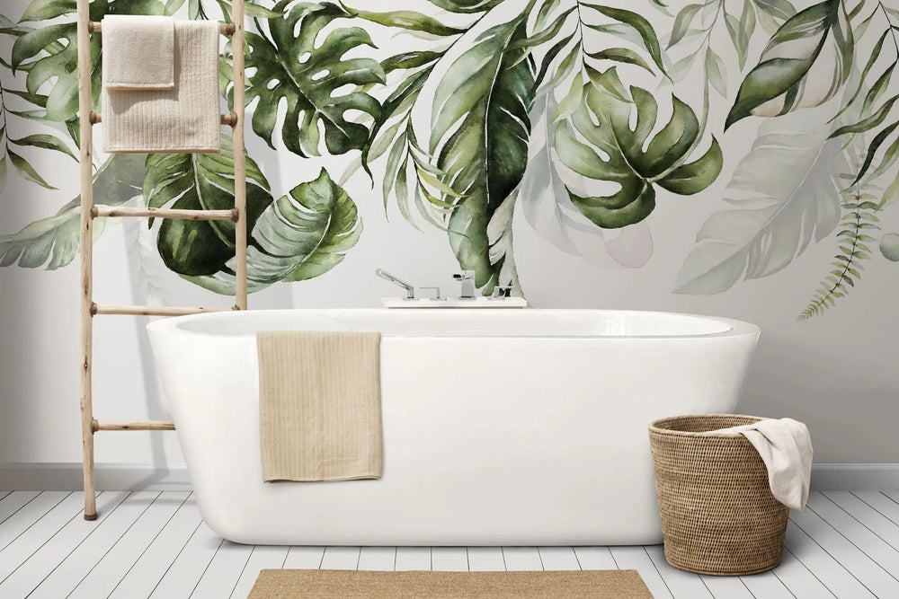 Tapet personalizat cu frunze tropicale de palmier si bananier in stil watercolor faded leaves