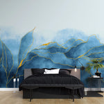 Tapet personalizat cu frunze albastre conturate cu auriu sclipitor glitter leaves dark