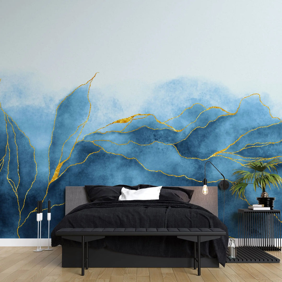 Tapet personalizat cu frunze albastre conturate cu auriu sclipitor glitter leaves dark