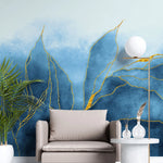 Tapet personalizat cu frunze albastre conturate cu auriu sclipitor glitter leaves dark
