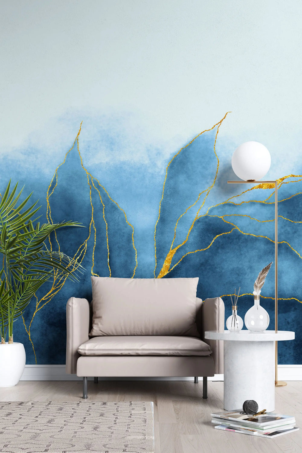 Tapet personalizat cu frunze albastre conturate cu auriu sclipitor glitter leaves dark