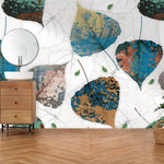 Tapet personalizat cu frunze multicolore de tei in nuante de albastru verde aramiu linden mural