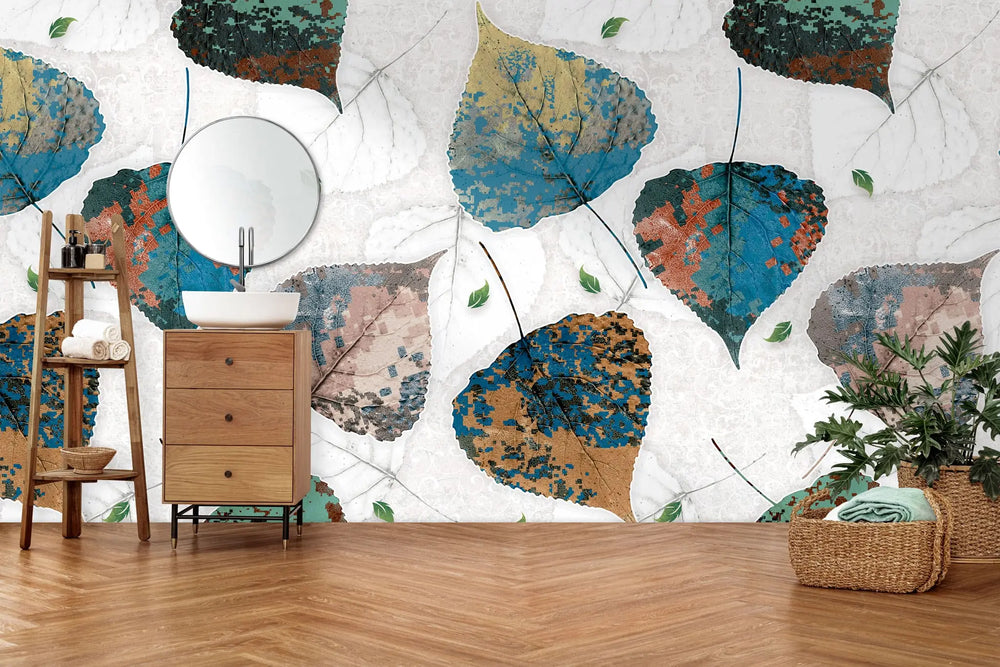 Tapet personalizat cu frunze multicolore de tei in nuante de albastru verde aramiu linden mural