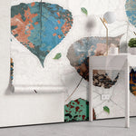 Tapet personalizat cu frunze multicolore de tei in nuante de albastru verde aramiu linden mural